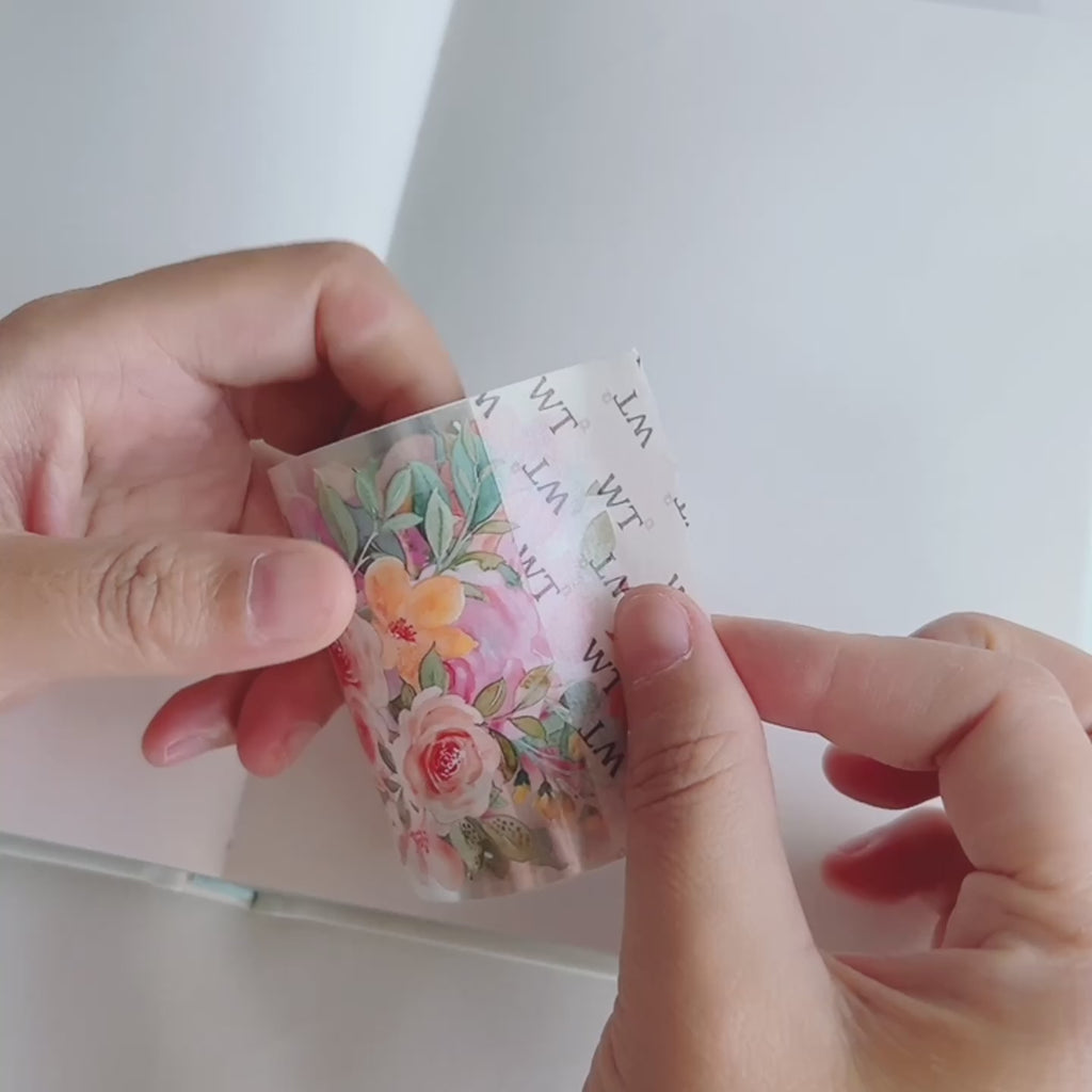 Transparent PET Washi Tape ,handwritten in White Tape, Botanical, Flowers,  Leaves , Shabby Chic Washi, Delicates Washi Tape, Junk Journal 